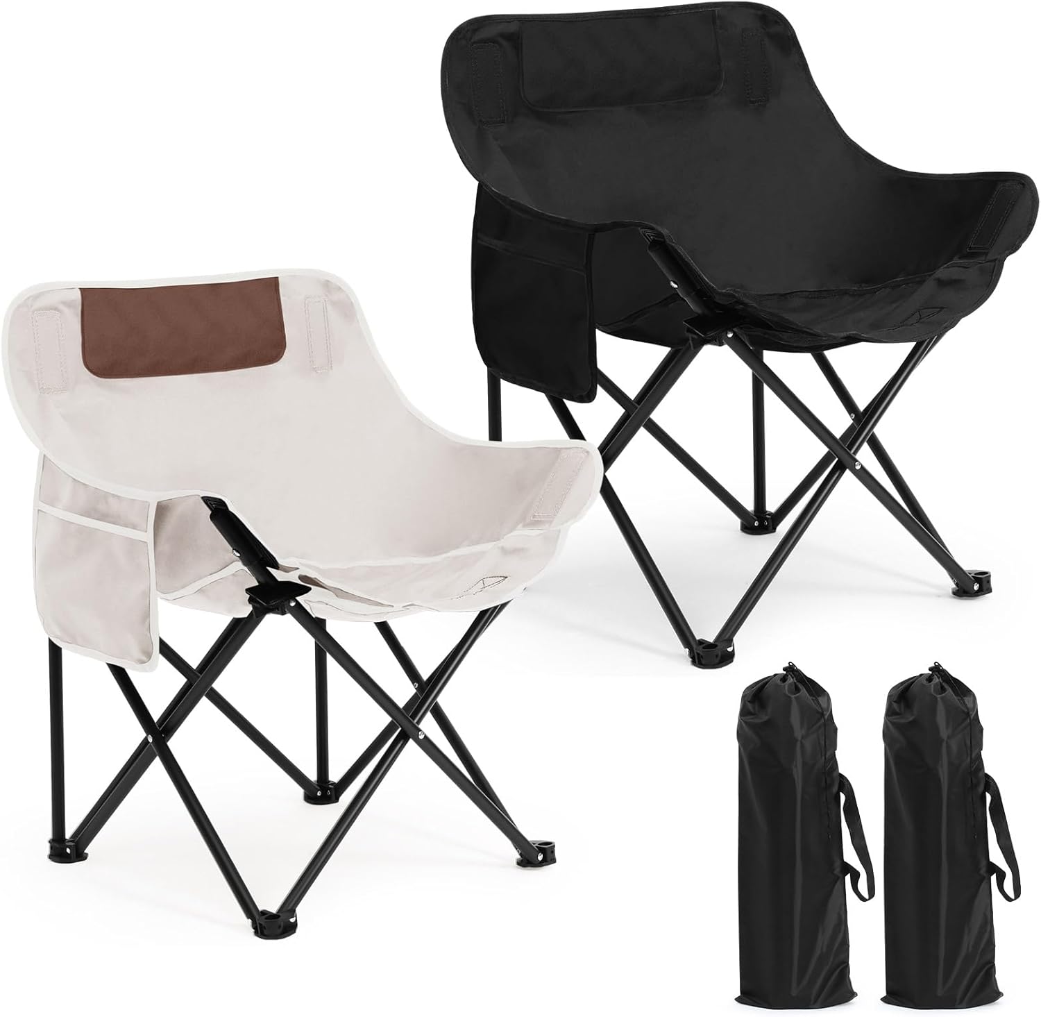 2 Pack Compact Camping Chairs Portable Folding for Outside with Carry Bag Lightweight Moon Chairs for Travel Picnic Hiking Beach Fishing, 600D Oxford, Supports 330lbs(White, Black)