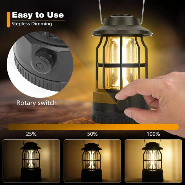 Camping light Rechargeable USB Powered, Stepless Dimmer, Metal Retro Camping Light Waterproof Hanging LED Vintage Tent Lamp for Outdoor Hiking Fishing Emergency (Black) - Image 2
