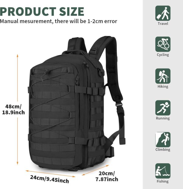Military Tactical Backpack 25L Hunting Rucksack  Hiking Daypack for Outdoor Fishing Travelling Work (Black-25L) - Image 2
