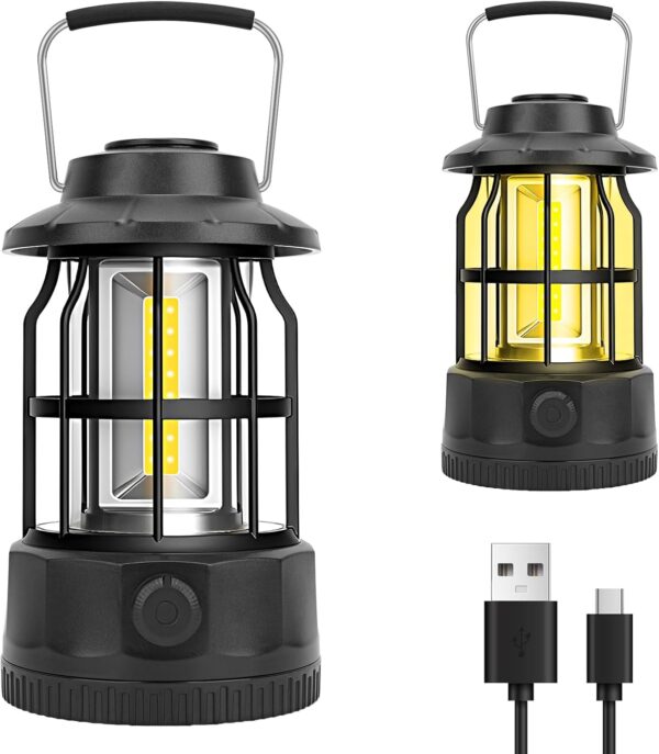Camping light Rechargeable USB Powered, Stepless Dimmer, Metal Retro Camping Light Waterproof Hanging LED Vintage Tent Lamp for Outdoor Hiking Fishing Emergency (Black)